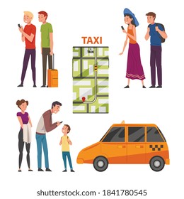 Taxi Service, Collection of People Calling Taxi Car or Using Mobile Taxi Call Application, City Transportation Vector Illustration