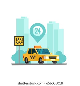 Taxi service concept. Taxi car parking along the city street. Vector illustration.