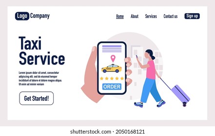 Taxi service concept. Character using online taxi service. Landing page.
Colorful flat vector illustration.