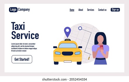 Taxi service concept. Character using online taxi service. Landing page.
Colorful flat vector illustration.