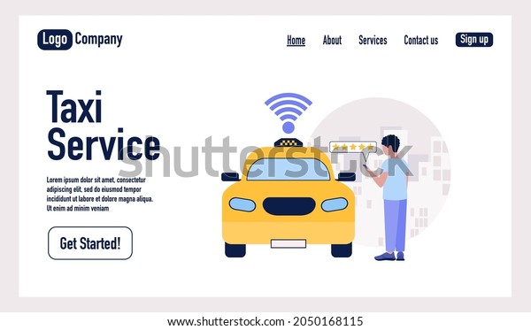 Taxi service\
concept. Character using online taxi service. Landing\
page.\
Colorful flat vector\
illustration.