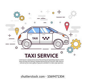 Taxi service. Concept of design of a banner. Car side view. Flat line art vector.Isolated on a white background. Vehicle side view.