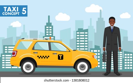 Taxi service concept. Detailed illustration of african american businessman on background with taxi and cityscape in flat style. Vector illustration.