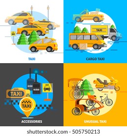 Taxi service concept with different types of transports and support in flat style vector illustration