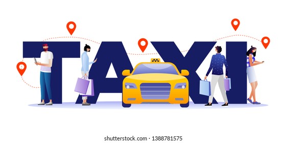 Taxi Service Concept. Driver in Yellow Cab Waiting Passengers and Delivering People to Destination. Mobile App to Call Car with Driver Poster, Banner, Flyer, Brochure. Cartoon Flat Vector Illustration