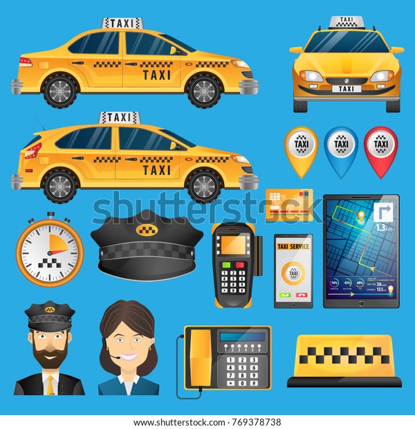 Taxi service concept. Taxi service elements\
such as taxi cab, stopwatch, smartphone, gadgets, gps navigator,\
driver icon and manager, payment terminal isolated on blue\
background vector\
illustration