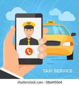 Taxi service concept. Hand holding smartphone with cheerful taxi driver on the screen. Vector illustration.