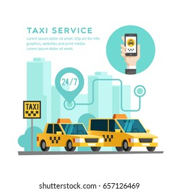 Taxi service concept. Hand with smartphone - app on the screen of the mobile phone. Vector illustration.