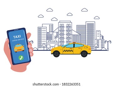 Taxi Service concept with Hands holding a mobile phone with Urban Landscape. Taxi Order through Information Center. Vector illustration for logo, banner, poster, web page