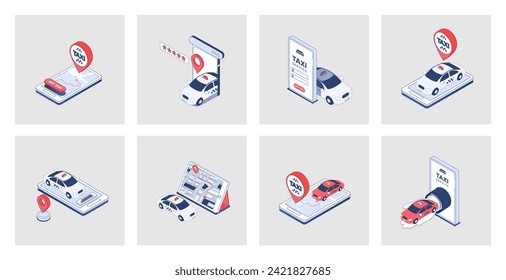 Taxi service concept of isometric icons in 3d isometry design for web. Online car booking, traffic tracking and map navigation in app, call for ordering cab, city transportation. Vector illustration