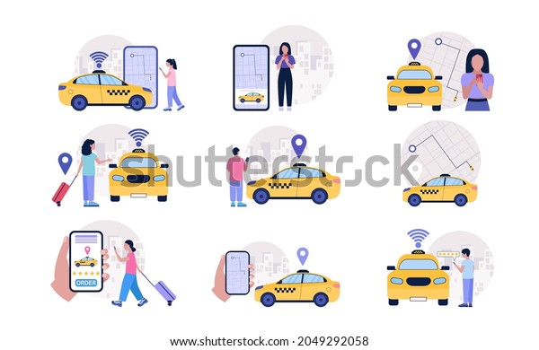 Taxi service concept. People using\
online taxi service.\
Colorful flat vector\
illustration.