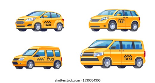 Taxi service concept. Set of different modern types of yellow taxi cars, isolated over white background vector illustration flat. Cars sedan, hatchback, wheelchair van, minibus, suv template