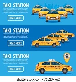 Taxi service concept. Set of three horizontal taxi taxi banners isolated on blue background with text vector illustration flat
