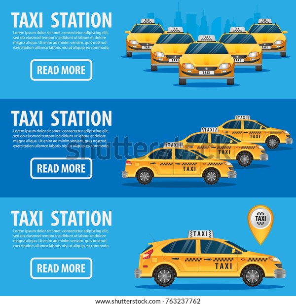Taxi service concept. Set of three horizontal taxi\
taxi banners isolated on blue background with text vector\
illustration flat\
