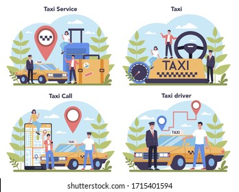 Taxi service concept set. Yellow taxi car. Automobile cab with driver inside. Idea of public city transportation. Isolated flat illustration