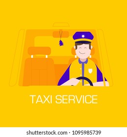 Concepto de servicio de taxi con caracter masculino sonriente conduciendo auto en gorra y uniforme. Transporte público de automóviles. Servicio de taxi municipal con feliz taxista en cabina. Ilustración para UI y aplicaciones.