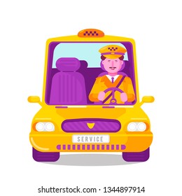 Taxi service concept with smiling male character driving car in cap and uniform. Public auto transport. City cab service with happy taxi driver man in cabin. Vector illustartion