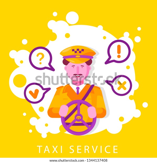 Taxi service\
concept with smiling male character driving car in cap and uniform.\
Public auto transport. City cab service with happy taxi driver man\
in cabin. Vector\
illustration