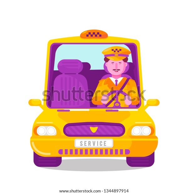 Taxi service\
concept with smiling male character driving car in cap and uniform.\
Public auto transport. City cab service with happy taxi driver man\
in cabin. Vector\
illustartion