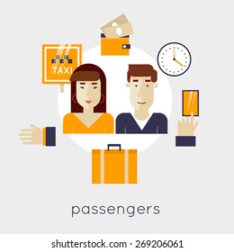 Taxi service concept with two passengers waiting a cab. Booking, payment. Set of flat icons and design elements for taxi mobile app.