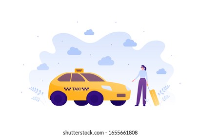 Taxi service concept. Vector flat person illustration. Yellow taxi car and female with luggage on cloud skyscape background. Design element for banner, poster, ui, web.