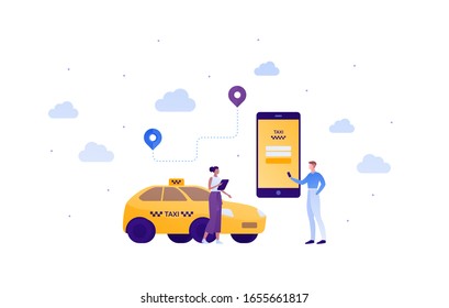 Taxi service concept. Vector flat person illustration. Yellow taxi car, man and woman with smartphone with application. Design element for banner, poster, ui, web.