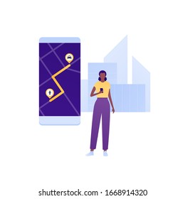 Taxi service concept. Vector flat person illustration. Yellow taxi car and female holding phone in hands with app on screen of smartphone on background. Design element for banner, poster, ui, web.