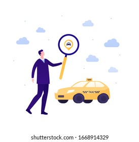 Taxi service concept. Vector flat person illustration. Yellow taxi car and man holding magnifier glass on taxi pin icon on clouds background. Design element for banner, poster, ui, web.