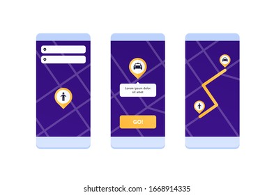 Konzept der Taxidienste Vektorillustration-Flachbildsatz. Sammlung von Mobiltelefonen mit Taxi-App. Design-Element für Banner, Poster, ui, Web, Online-Anwendung.