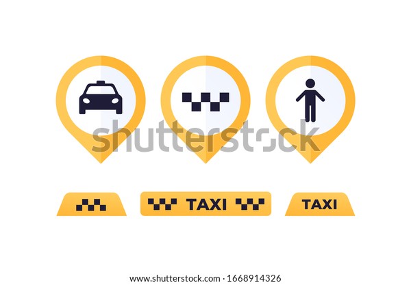 Taxi service\
concept. Vector flat illustration set. Collection of signboards and\
map pins. Man, car, text. Design element for banner, poster, ui,\
web, online application.