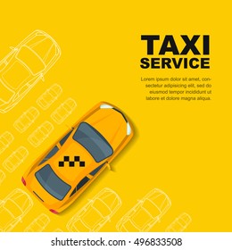 Taxi service concept. Vector yellow banner, poster or flyer background template. Yellow cab and outline cars isolated on white background. Street traffic, parking, city transport illustration.
