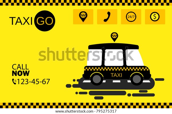 Taxi service concept.
Vector yellow banner, poster or flyer. Taxi service. Silhouette of
taxi car.