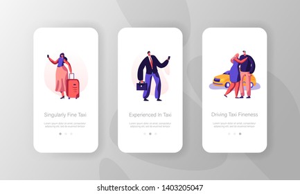 Taxi Service Concept for Website or Web Page. People with Luggage Call Car with Driver by Smartphone Mobile App Page, Yellow Cab Waiting Passenger Onboard Screen Set, Cartoon Flat Vector Illustration