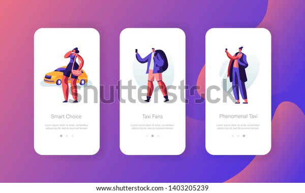 Taxi Service Concept for Website or Web\
Page. Driver Waiting Passenger with Baggage to Destination. People\
Ordering Taxi Car Using Mobile App Page, Onboard Screen Set.\
Cartoon Flat Vector\
Illustration