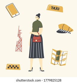 Taxi Service Concept. Woman Passenger Character with Driver Yellow Cap, Car Checkers, Smartphone and City Map Waiting Ordered Car Using Application or Catching on Street. Linear Vector Illustration