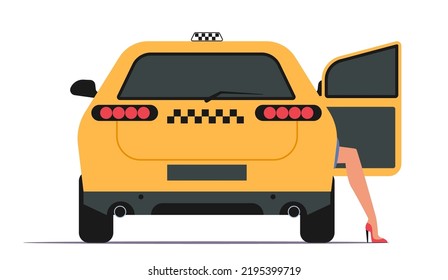 Taxi Service Concept. Woman Passenger Sitting In Yellow Car With Open Door And Leg Stand Outside, Sexy Female Character In Shoes On High Heel In Auto With Checkers. Cartoon People Vector Illustration