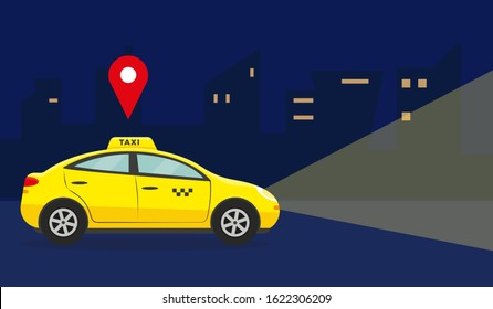 Taxi service concept. Yellow car in night city. Vector illustration.