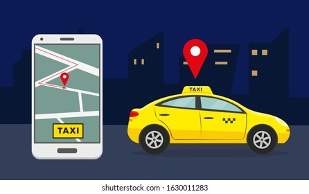 Taxi service concept. Yellow car in night city and smartphone with taxi app. Vector illustration.