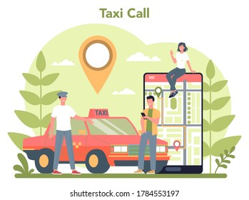 Taxi service concept. Yellow taxi car. Automobile cab with driver inside. Idea of public city transportation. Isolated flat illustration