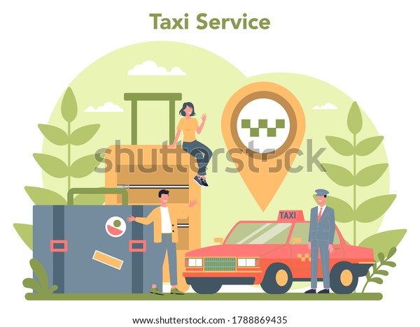 Taxi service concept. Yellow taxi car.
Automobile cab with driver inside. Idea of public city
transportation. Isolated flat
illustration