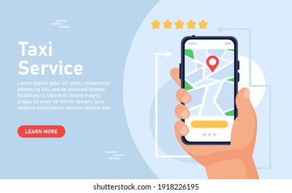 Taxi service concept.Online ordering a taxi, renting and sharing a car using the service's mobile application. Ordering a taxi with a smartphone. Concepts for web landing page template, banner, flyer.