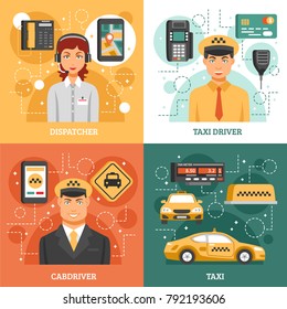 Taxi service design concept four square isolated icon set with descriptions of dispatcher taxi driver cabdriver and taxi work vector illustration