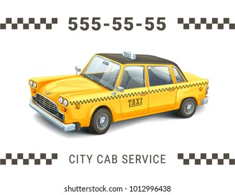 Taxi service design. Detailed illustration of yellow taxi car on white background. Banner, poster business card or flyer. Vector illustration