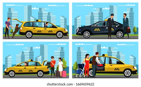 Taxi service for different people scene flat set. Catching and accessibility taxi-cab. Businessman, dog pet owner, family with little baby kid, boyfriend and girlfriend travelers with luggage bags
