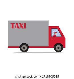  Servicio de taxi. Conduce un taxi con una máscara cerca del camión. Protección de coronavirus o covid-19. Transporte de pasajeros durante la cuarentena. Ilustración vectorial de existencias