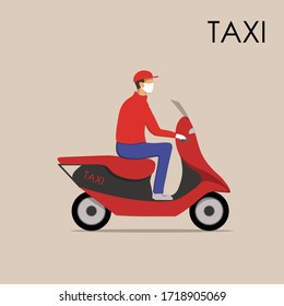 
Taxi service. A taxi driver in a mask sits on a moped. Coronavirus or covid-19 protection. Carriage of passengers during quarantine. Stock vector illustration