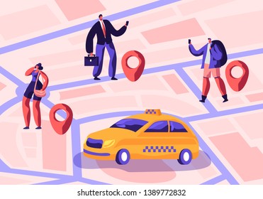 Taxi Service. Driver in Yellow Cab Waiting and Deliver Passengers with Baggage to Destination. People Ordering Taxi Car Using Application and Catching on Street. Cartoon Flat Vector Illustration