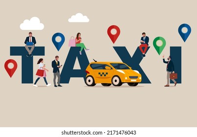 Taxi Service. Driver in yellow Cab Waiting Passengers and Delivering People to Destination. Mobile App to Call Car with Driver Poster, Banner, Flyer, Brochure.