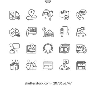 Taxi service. Driving license and taximeter. Electric vehicle. Trip rating. Urban transportation. Pixel Perfect Vector Thin Line Icons. Simple Minimal Pictogram