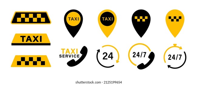 Elementos del servicio de taxi. Ubicación del pasador de mapa de taxis. Plantillas de firma de servicios de taxi. Vector de material. EPS 10